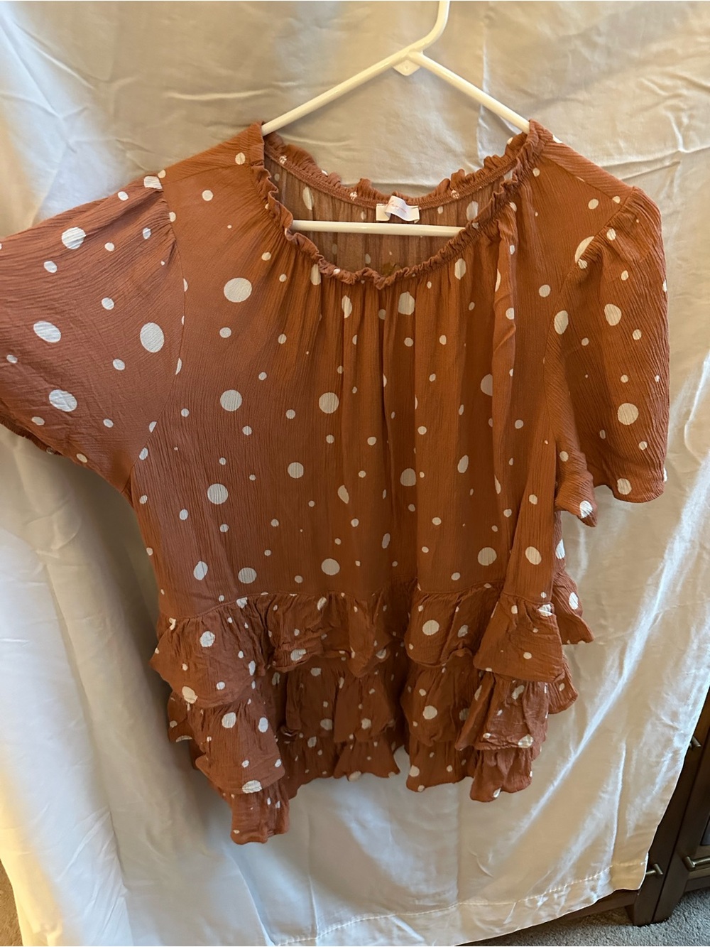 Women’s Polka Dot Ruffle Blouse — Rust